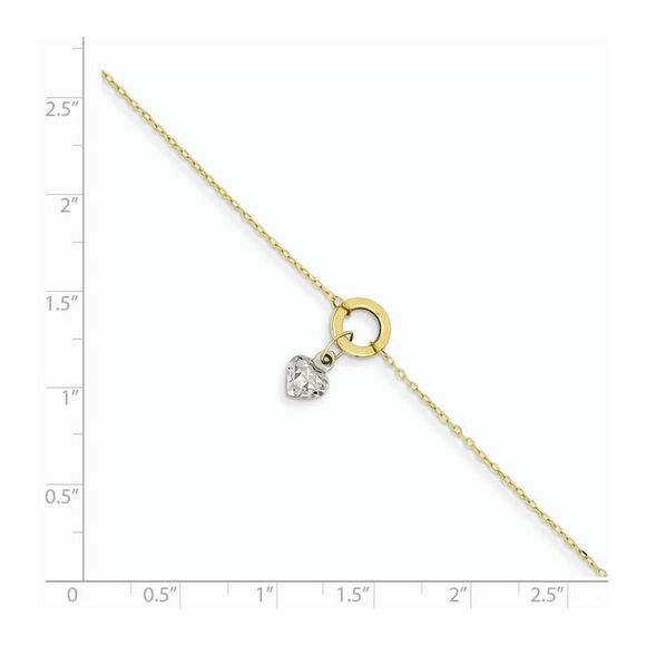 14k Two-Tone Adjustable Gold Circle And Puffed Heart Anklet, 9 Inch - Picture 2 of 4